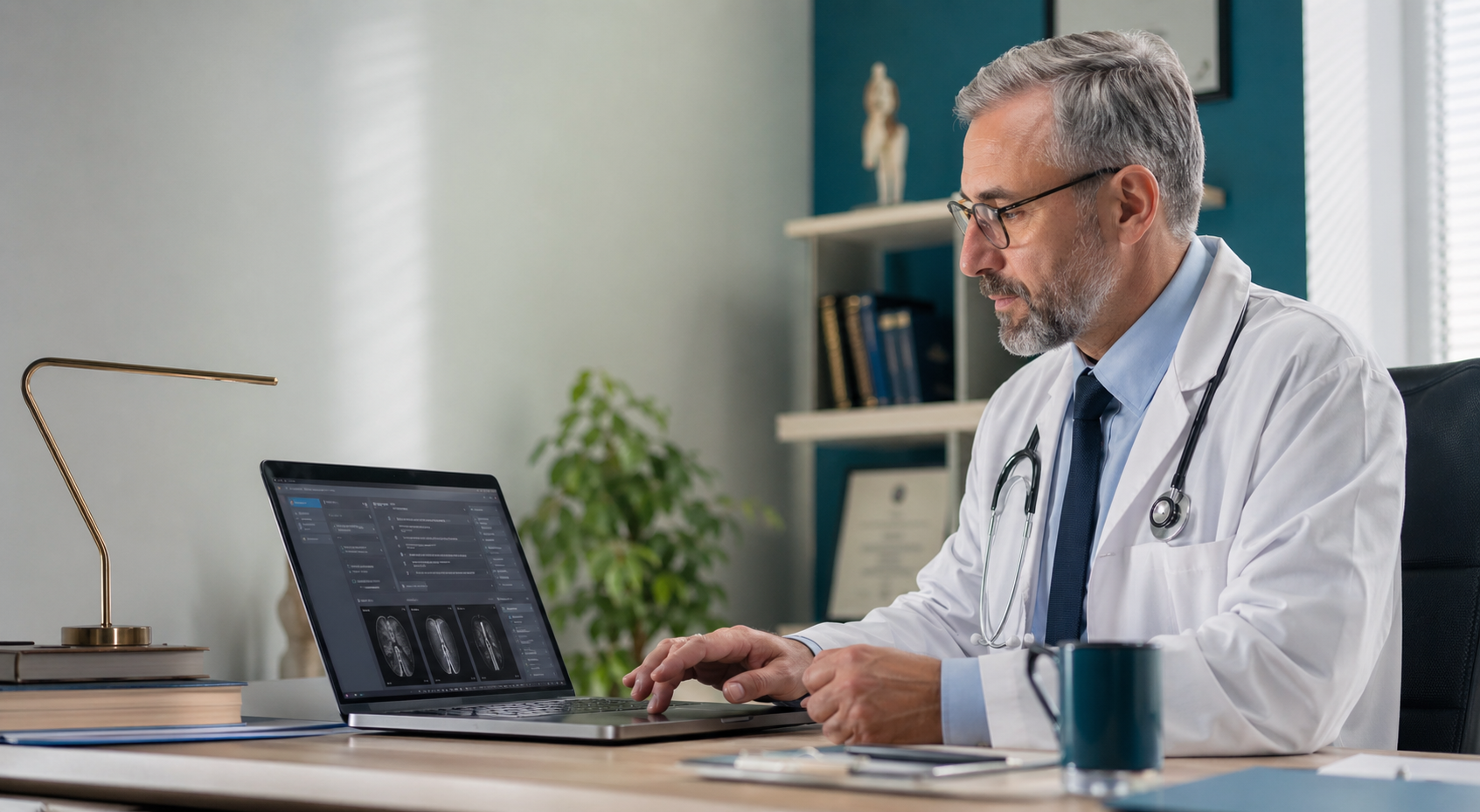 Doctor reviewing organized patient records on a secure laptop